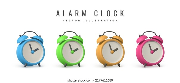 Cute cartoon alarm clock. 3d realistic table clock with shaddow. Vector illustration.