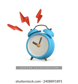 Cute cartoon alarm clock. 3d realistic table clock with shaddow. Vector illustration.