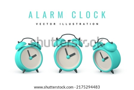 Cute cartoon alarm clock. 3d realistic table clock with shaddow. Vector illustration.