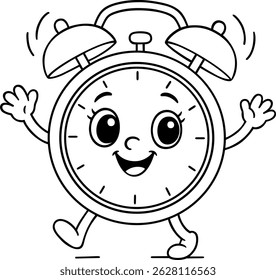 Cute cartoon alarm clock character with smiling face and waving hands in black and white line art for kids