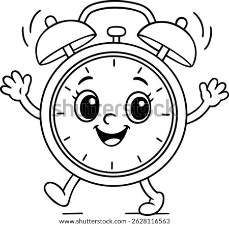 Cute cartoon alarm clock character with smiling face and waving hands in black and white line art for kids