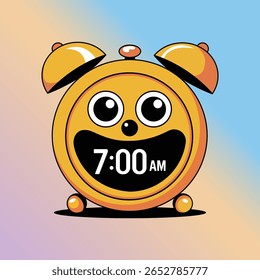 Cute Cartoon Alarm Clock Illustration with Smiling Face and Colorful Morning Vibe