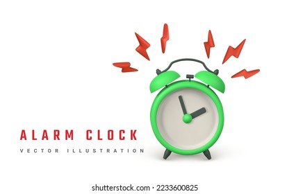 Cute cartoon alarm clock with lightning. 3d realistic table clock with shaddow. Vector illustration.