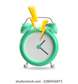 Cute cartoon alarm clock with lightning. 3d realistic table clock. Vector illustration.