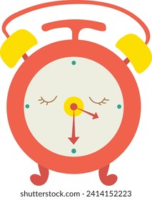 Cute cartoon alarm clock smiling. Colorful red and yellow happy alarm clock character. Time management and morning routine vector illustration.