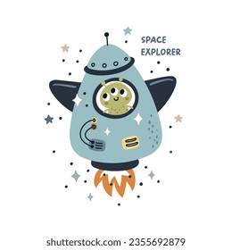 Cute cartoon alien astronaut in rocket with star. Adventure ufo, stars, universe, childish print. Space illustration for kids isolated white background.  