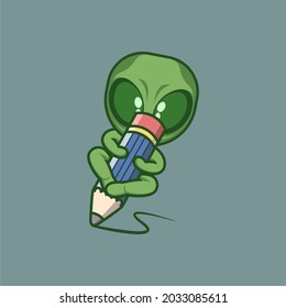 cute cartoon alien back to school with pencil. vector illustration for mascot logo or sticker