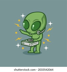 cute cartoon alien being a DJ. vector illustration for mascot logo or sticker