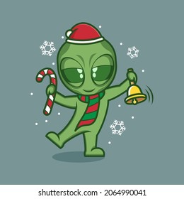 cute cartoon alien with candy and christmas bells. vector illustration for mascot logo or sticker