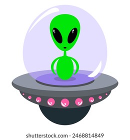 Cute cartoon alien character on a spaceship. Funny flat illustration of an alien. UFO spaceship. Vector isolated on white background.