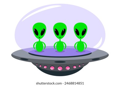 Cute cartoon alien character on a spaceship. Funny flat illustration of an alien. UFO spaceship. Vector isolated on white background.