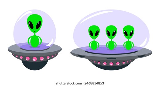 Cute cartoon alien character on a spaceship. Funny flat illustration of an alien. UFO spaceship. Vector isolated on white background.