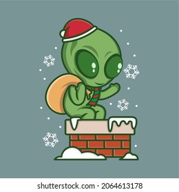 cute cartoon alien coming in through christmas chimney. vector illustration for mascot logo or sticker
