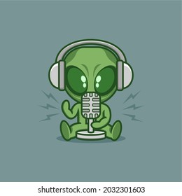 cute cartoon alien is doing radio broadcast or podcast. vector illustration for mascot logo or sticker