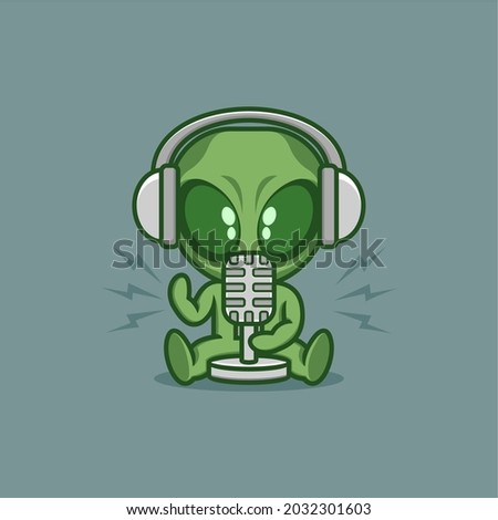cute cartoon alien is doing radio broadcast or podcast. vector illustration for mascot logo or sticker