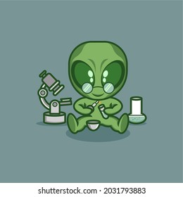 cute cartoon alien doing research in lab. vector illustration for mascot logo or sticker