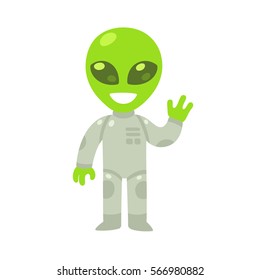 Cute Cartoon Alien Drawing. Little Green Waving Humanoid In Spacesuit, Isolated Vector Illustration.