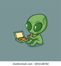 cute cartoon alien eating pizza. vector illustration for mascot logo or sticker