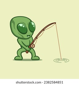 cute cartoon alien is fishing