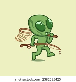 cute cartoon alien is fishing
