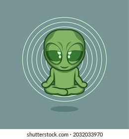 cute cartoon alien floating with yoga meditation energy. vector illustration for mascot logo or sticker