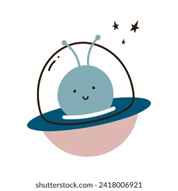 Cute cartoon alien in flying saucer. Isolated vector illustration in flat style. For scrapbooking, postcards, wrapping paper, fabrics, wallpaper.