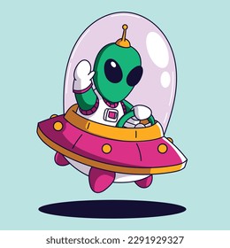 Cute Cartoon alien flying in a UFO spaceship. Cute cartoon vector illustration.