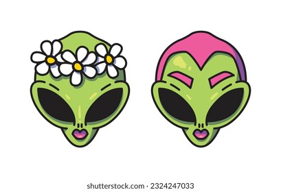 Cute cartoon alien girls vector set. Female space creatures with pink hair and a flower wreath. 