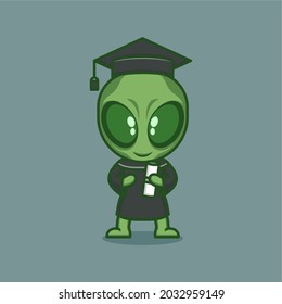 cute cartoon alien graduated college to be a bachelor. vector illustration for mascot logo or sticker