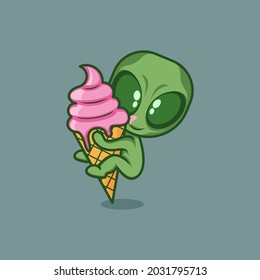 cute cartoon alien with ice cream. vector illustration for mascot logo or sticker