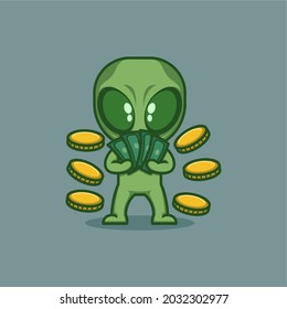 cute cartoon alien with money. vector illustration for mascot logo or sticker