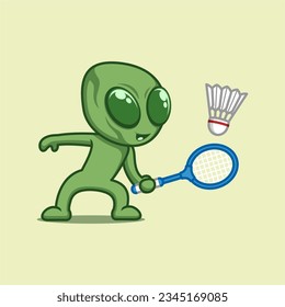 cute cartoon alien playing badminton