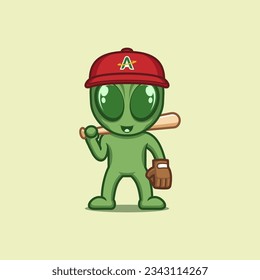 cute cartoon alien playing baseball