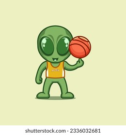 cute cartoon alien playing basketball