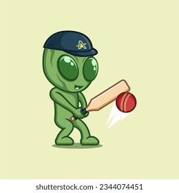 cute cartoon alien playing cricket