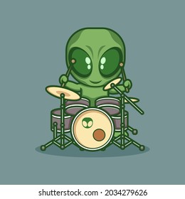 cute cartoon alien playing drums. vector illustration for mascot logo or sticker