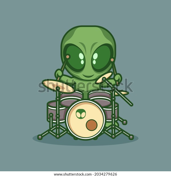 cute cartoon alien playing drums. vector\
illustration for mascot logo or\
sticker