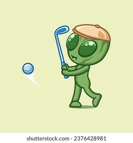 cute cartoon alien playing golf