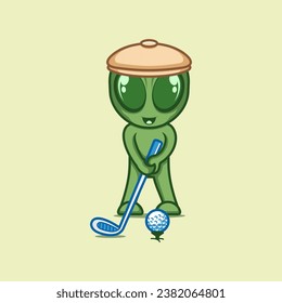 cute cartoon alien playing golf