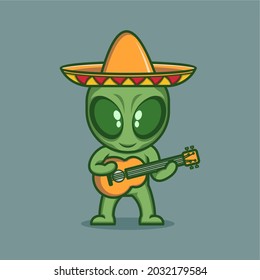 cute cartoon alien playing mexican guitar. vector illustration for mascot logo or sticker