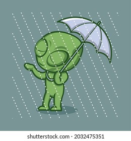 lindo caricatura ajena jugando en la lluvia usando un paraguas. ilustración vectorial para logotipo o etiqueta de mascota