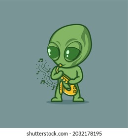 cute cartoon alien playing sexophone. vector illustration for mascot logo or sticker