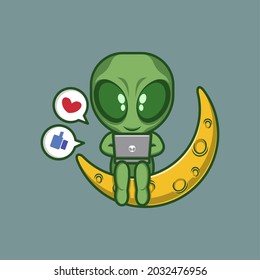 cute cartoon alien playing social media with laptop. vector illustration for mascot logo or sticker