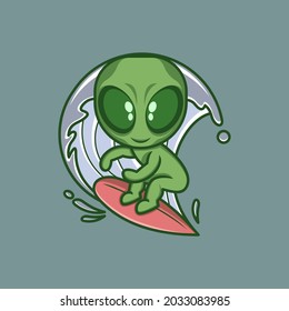 cute cartoon alien playing surfing with waves .vector illustration for mascot logo or sticker