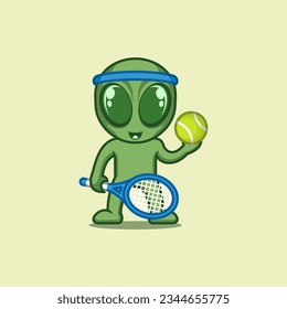 cute cartoon alien playing tennis