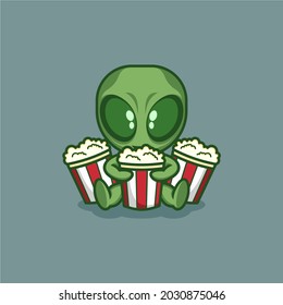 cute cartoon alien is with popcorn . vector illustration for mascot logo or sticker