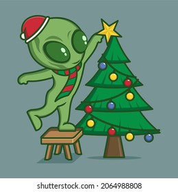 cute cartoon alien putting star on christmas tree. vector illustration for mascot logo or sticker