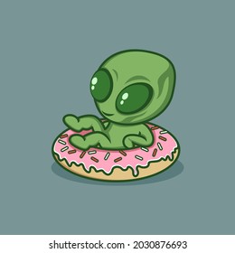 cute cartoon alien relaxing on a big donut. vector illustration for mascot logo or sticker