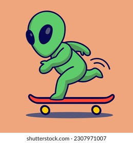 Cute cartoon alien rides a skateboard. Vector illustration in flat style