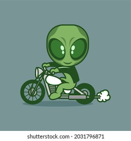 cute cartoon alien riding a motorbike. vector illustration for mascot logo or sticker